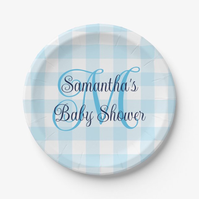 Plato De Papel Baby Shower Monograma de Gingham azul y blanco (Anverso)