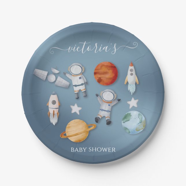 Plato De Papel Baby Shower móvil de astronauta espacial (Anverso)