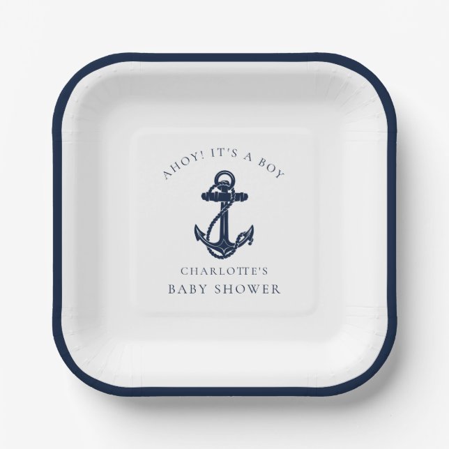 Plato De Papel Baby Shower Nautical Anchor Coastal Boy (Anverso)