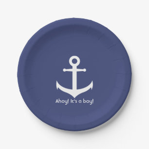 Plato De Papel Baby Shower Nautical Blue and White Boy