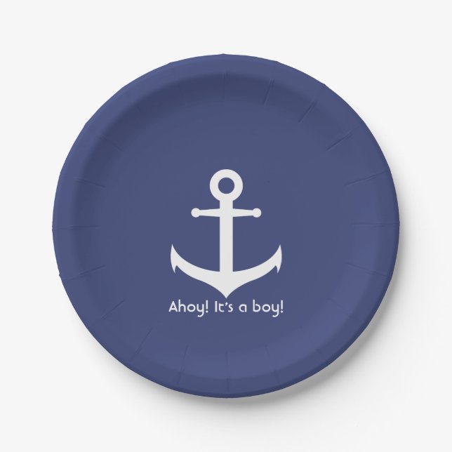Plato De Papel Baby Shower Nautical Blue and White Boy (Anverso)
