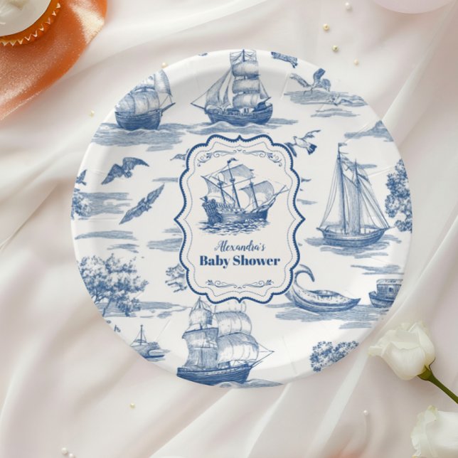 Plato De Papel Baby Shower Nautical Blue Toile de Navy (Subido por el creador)