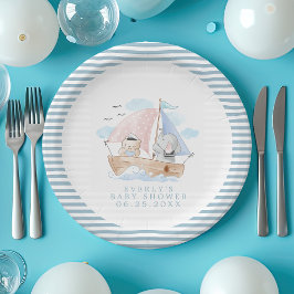 Plato De Papel Baby Shower Nautical Elephant Bear Watercolor