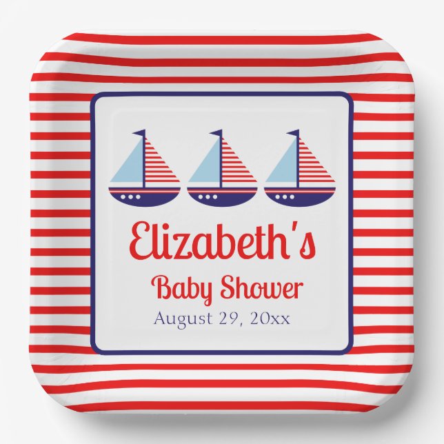 Plato De Papel Baby Shower Nautical Red White Blue (Anverso)