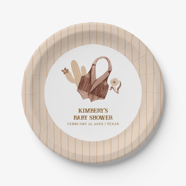 Plato De Papel Baby Shower Neutral Beige Boho Cactus Cowgirl (Anverso)