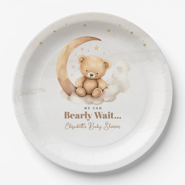 Plato De Papel Baby Shower Neutral Brown Teddy Bear (Anverso)