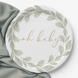 Plato De Papel Baby Shower Neutral de Eucalyptus Leaf de Género