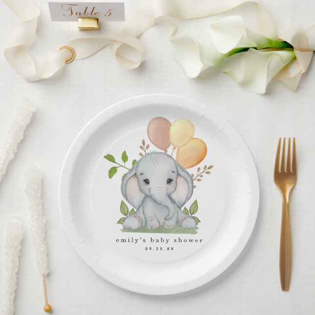 Plato De Papel Baby Shower neutral de género sobre elefante cután (Boda)