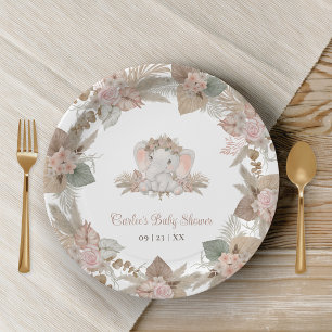 Plato De Papel Baby Shower neutral de género sobre elefante lindo