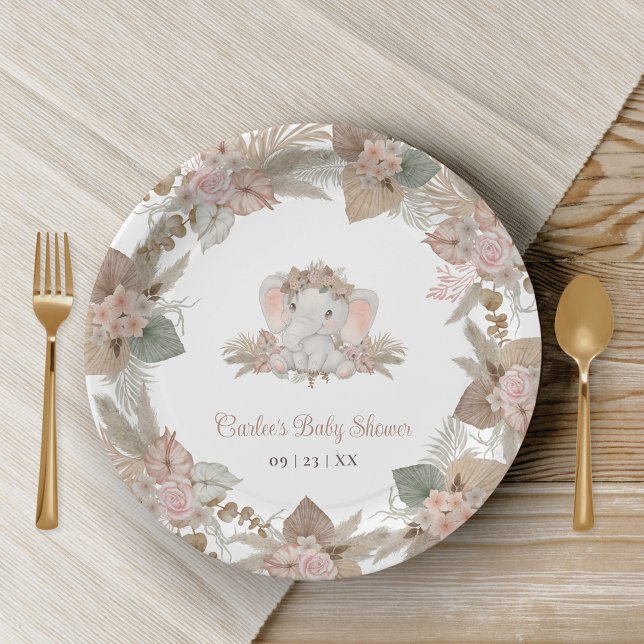 Plato De Papel Baby Shower neutral de género sobre elefante lindo (Boho Elephant Baby Shower Paper Plates with Blush Pink Neutral Floral Tones)