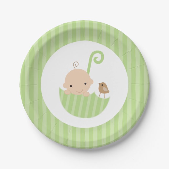 Plato De Papel Baby Shower neutral de paraguas verdes (Anverso)