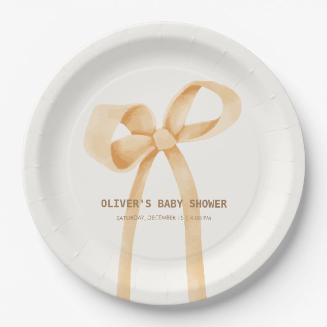 Plato De Papel Baby Shower Neutral simple Bow de género (Anverso)