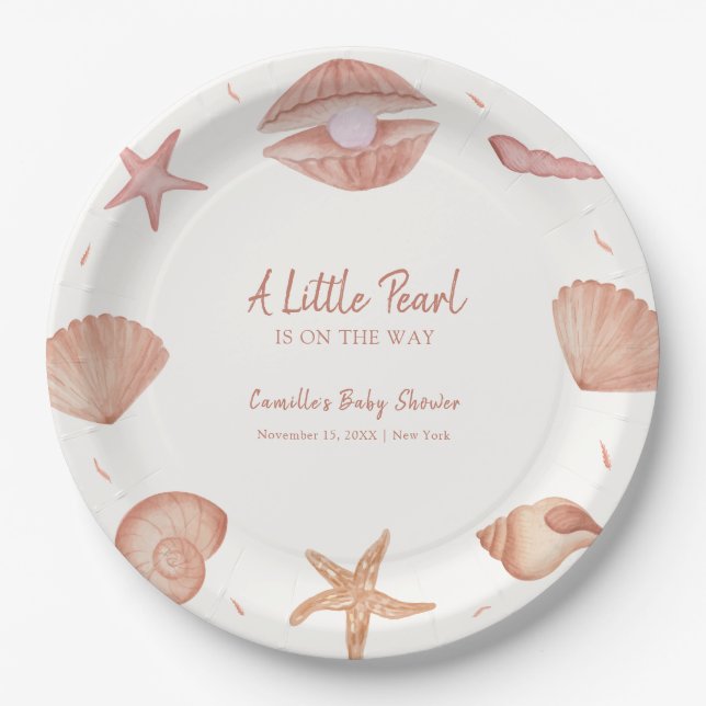 Plato De Papel Baby Shower Neutral Summer Ocean Seashell Pearl (Anverso)