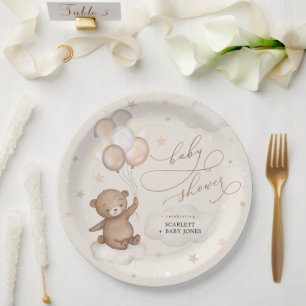 Plato De Papel Baby Shower neutro con osito marrón suave y globo