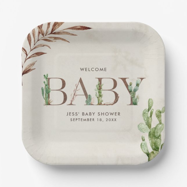 Plato De Papel Baby Shower neutro de cuero Cactus (Anverso)