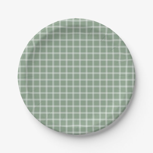 Plato De Papel Baby Shower neutro de Gingham simple verde (Anverso)