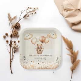 Plato De Papel Baby Shower neutro de oso mate