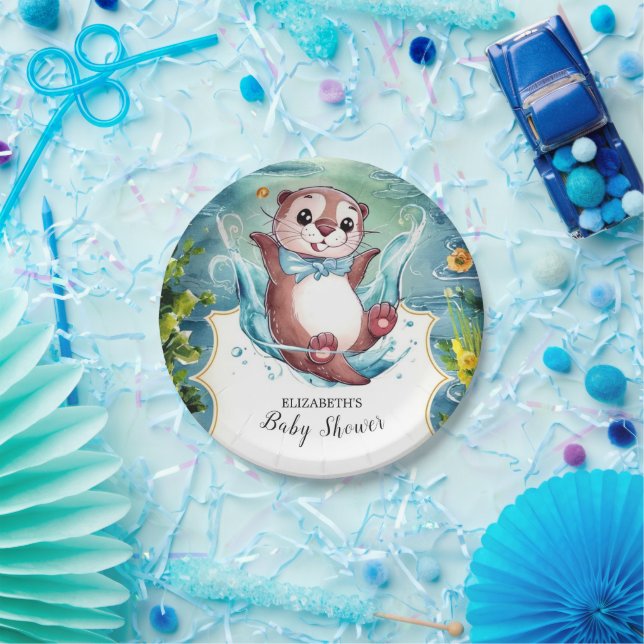 Plato De Papel Baby Shower Otter Watercolor (Fiesta)