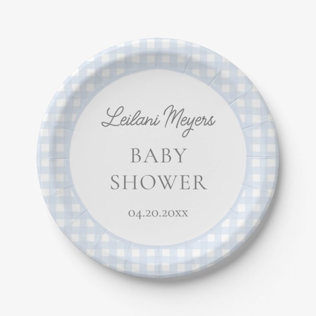 Plato De Papel Baby Shower Pale Blue Gingham Classic Boys (Anverso)