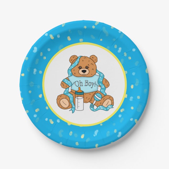 Plato De Papel Baby Shower Pap de Teddy Bear azul y amarillo pers (Anverso)