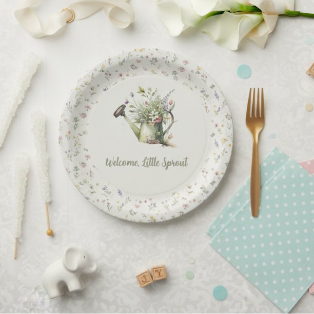 Plato De Papel Baby Shower Paper Plate - "Little Sprout" Floral (Baby shower paper plate)