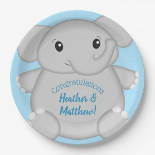 Plato De Papel Baby Shower para elefantes azules