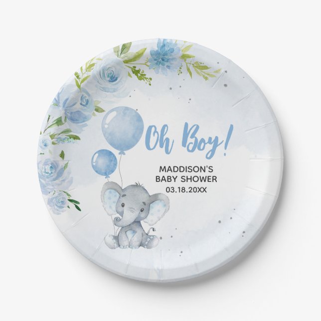 Plato De Papel Baby Shower para elefantes azules (Anverso)