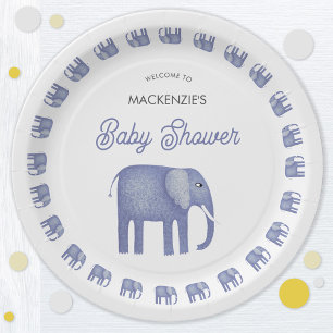 Plato De Papel Baby Shower para elefantes azules