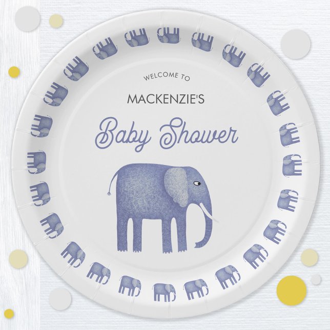 Plato De Papel Baby Shower para elefantes azules (Blue elephant baby shower party paper plate)