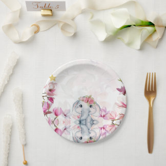 Plato De Papel Baby Shower Party Plate with Floral Elephant