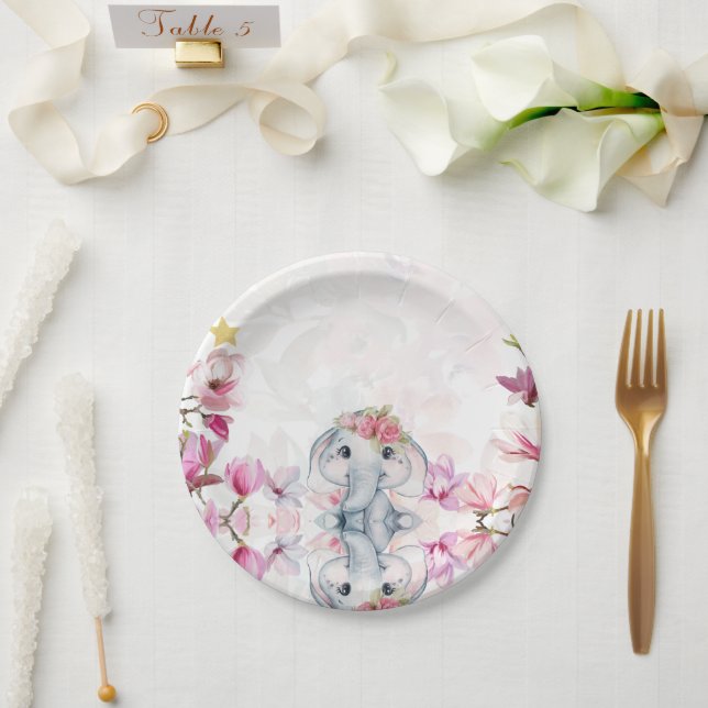 Plato De Papel Baby Shower Party Plate with Floral Elephant (Boda)