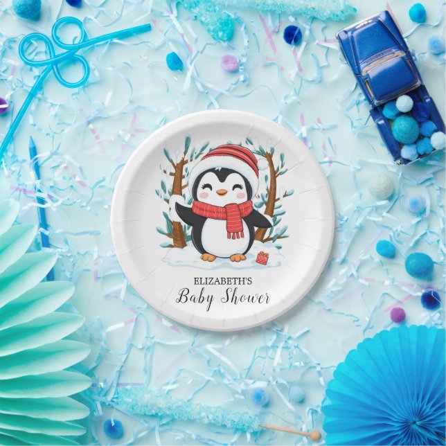 Plato De Papel Baby Shower Penguin con encanto de nieve (Fiesta)