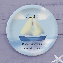 Plato De Papel Baby Shower personalizado de barco de vela azul