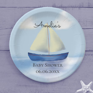 Plato De Papel Baby Shower personalizado de barco de vela azul