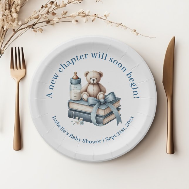 Plato De Papel Baby Shower personalizado de Blue Boy Teddy Bear (Blue Boy Teddy Bear Personalized Baby Shower Paper Plates)