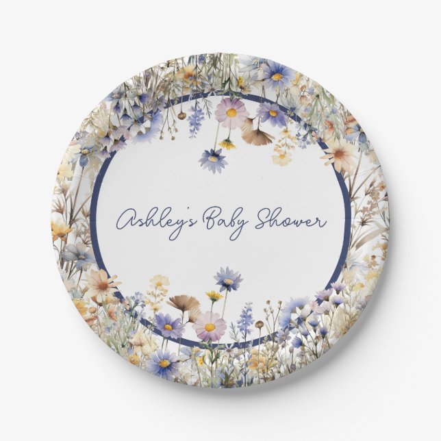 Plato De Papel Baby Shower personalizado de Blue Wildflower Boho (Anverso)