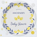 Plato De Papel Baby Shower personalizado de color de agua limón<br><div class="desc">Este fresco y divertido diseño de limón cítrico acuático en amarillo y azul zingy capturará la esencia de un feliz día soleado. Perfecto para un brunch con ducha de bebé o un fiesta de té por la tarde. El diseño de limón acuático hará que sus huéspedes se sientan motivados y...</div>