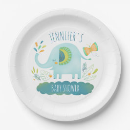 Plato De Papel Baby Shower personalizado de elefante azul