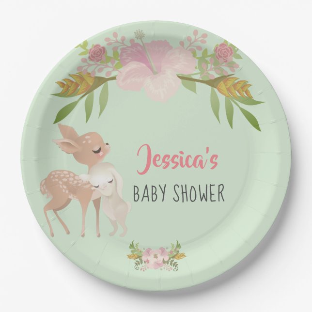 Plato De Papel Baby Shower personalizado de Fawn y Bunny (Anverso)