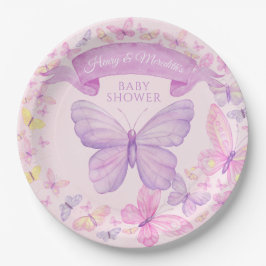 Plato De Papel Baby Shower Personalizado de mariposa rosa y morad