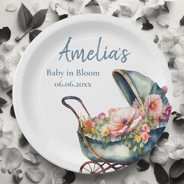 Plato De Papel Baby Shower personalizado de Stroller de época (it's a boy! Baby in bloom baby shower plates. Personalized for your dream celebration)