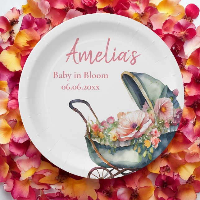 Plato De Papel Baby Shower personalizado de Stroller de época (Pretty vintage baby shower party plates🌸🌸)