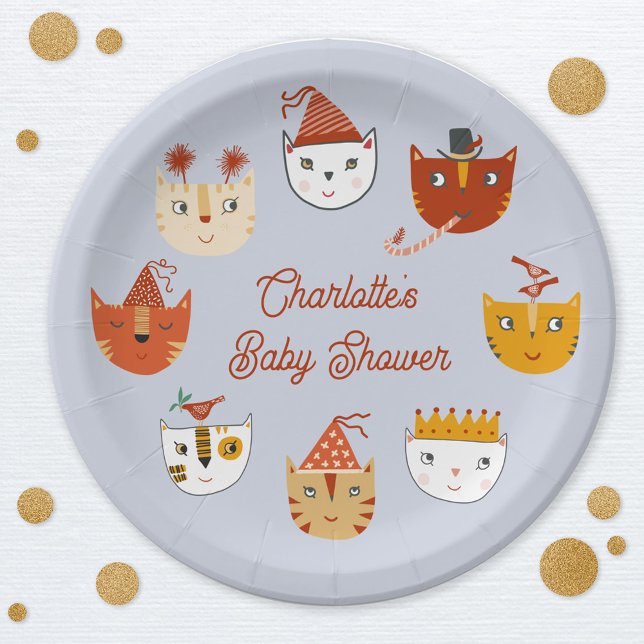 Plato De Papel Baby Shower personalizado de un gato kitty (Personalized cute kitty cat themed baby shower paper plate)