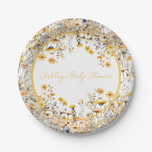 Plato De Papel Baby Shower personalizado del Boho de flores silve (Anverso)