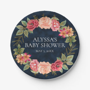 Plato De Papel Baby Shower Personalizado Floral Rojo Rosa Azul de