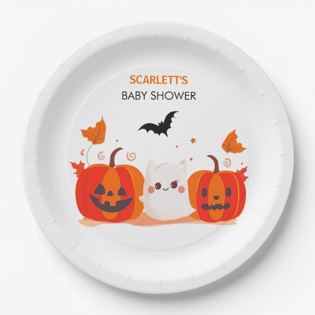 Plato De Papel Baby Shower personalizado Halloween Fantasma y cal (Anverso)