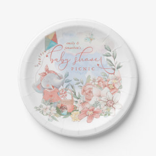 Plato De Papel Baby Shower Picnic de Cute Elephant Nature Florals