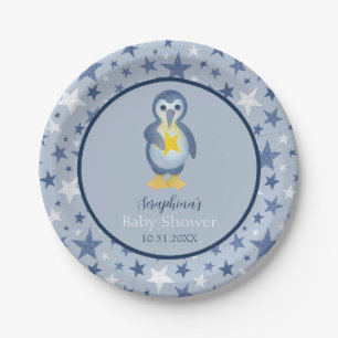 Plato De Papel Baby Shower Pingüino de Estrella Azul y Blanca