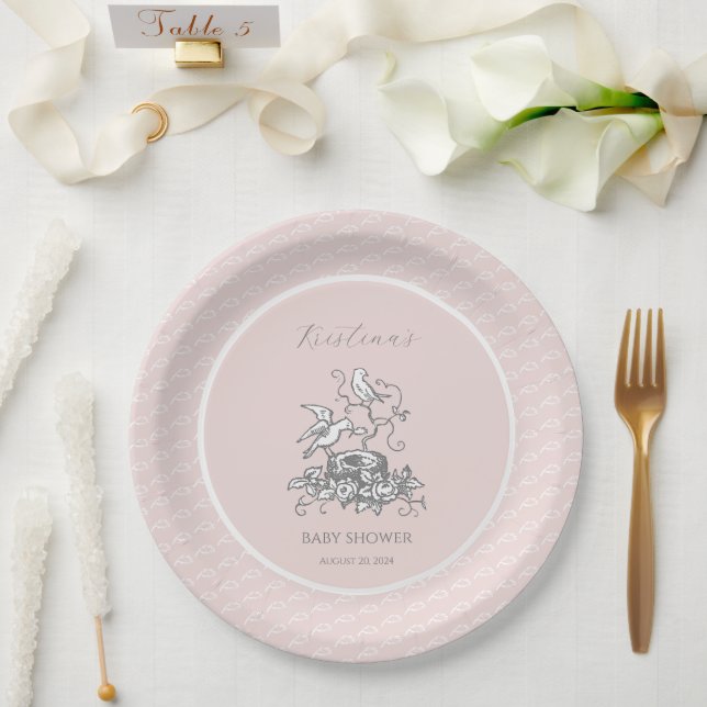 Plato De Papel Baby Shower Pink Bird Nest (Boda)