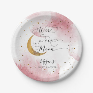 Plato De Papel Baby Shower "Pink Over the Moon Gold Stars"